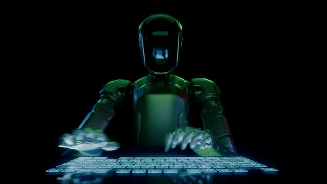 Humanoid Robot Lit by Green Light Swiftly Programming on Glass Keyboard. Humanoid Robot Quickly Typing on Futuristic Touch Keyboard. Concept: Artificial Intelligence Assistant. Looping Animation