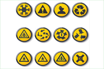 Obraz premium Set of Warning Hazard Signs circle yellow sign, vector icon isolated on white background. Danger warning set circle and triangle yellow sign. Danger warning signs, threat icons. 