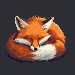 Obraz premium A cartoon red fox is sleeping soundly, curled up in a ball with its tail wrapped around its body.