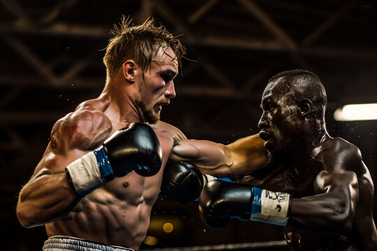 2 race Boxing Duo, Caucasian and African Boxers, Athletic Competition, Sports Unity, Powerful Boxing banner, Fitness Enthusiasts, Dynamic Sports Action, Boxers in Action, two man fighting wrestling