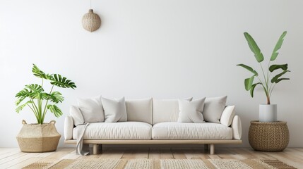 An interior design of a bright and cozy modern living room with a sofa, a plant, and a white wall.