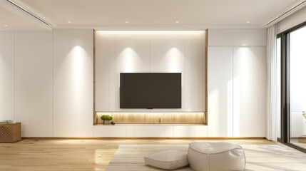 Wall with white paint and cabinet for television in living room.