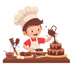 happy cute little kid boy and girl wear chef uniform and cooking a birthday cake