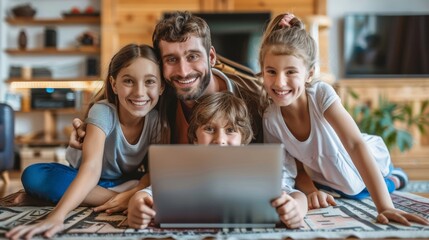 An excited family is shopping for flight tickets and booking hotels online using a laptop around their living room. A vacation abroad concept with a travel suitcase around their house.