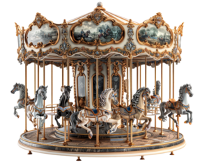 Vintage carousel with ornate horses on white