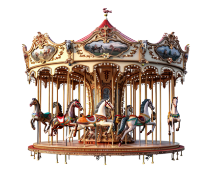 Vintage carousel with ornate horses on white