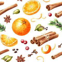 Christmas mulled wine seamless pattern,  Hand drawn watercolor illustration isolated on white background