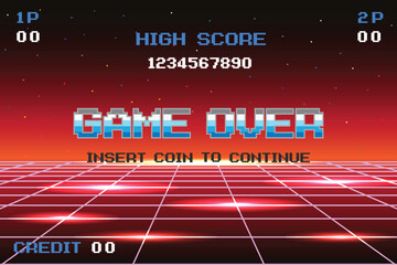 Naklejka premium GAME OVER .pixel art .8 bit game. retro game. for game assets .Retro Futurism Sci-Fi Background. glowing neon grid. and stars from vintage arcade computer games