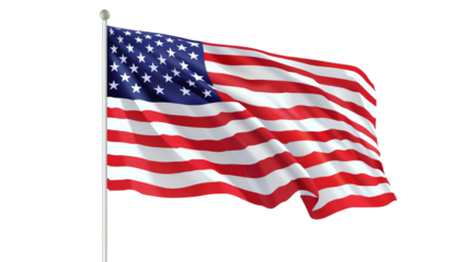 The American flag waves proudly on a flagpole symbolizing freedom and patriotism with its iconic red, white, and blue design.PNG, transparent background