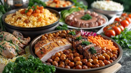 Obraz premium Ramadan kareem Iftar party table with assorted festive traditional Arab dishes. 