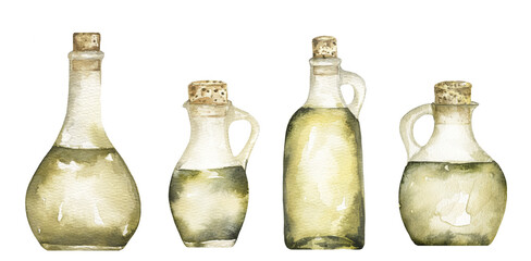 Watercolor olive bottles illustration set