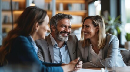 The happy couple customers are sitting in a modern office discussing their agreement or deal with a lawyer, real estate agent, or insurance agent. The couple has been consulting with a lawyer, real