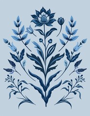 Vintage card (composition) of folk botanical elements in the Delft Blue style on a blue background. Digital illustration for wedding design, branding, scrapbooking