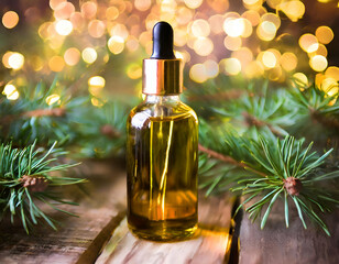 bottle of olive oil.a modern oil bottle on a rustic wooden surface, with a background of green pine branches and golden bokeh lights.