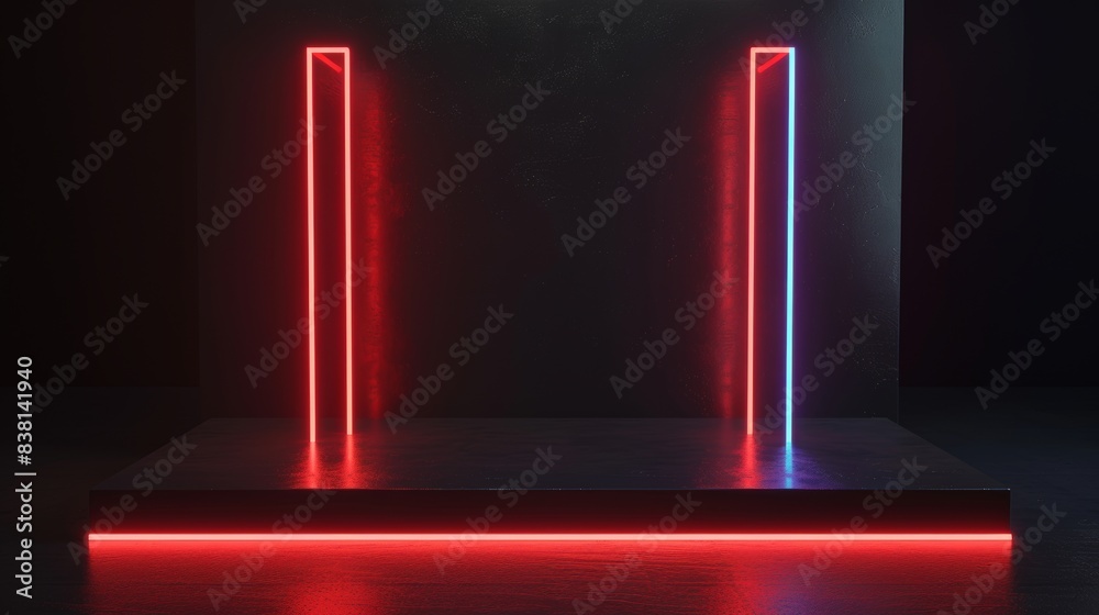 Sticker Stand with neon lights on dark background. 3D rendering.