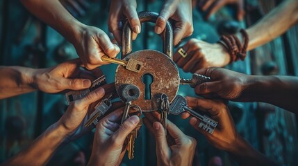 ProblemSolving Team unlocking a giant padlock with various keys, representing strategic problemsolving