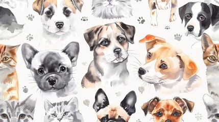 Obraz premium Gray watercolor drawing with cute pets as a background
