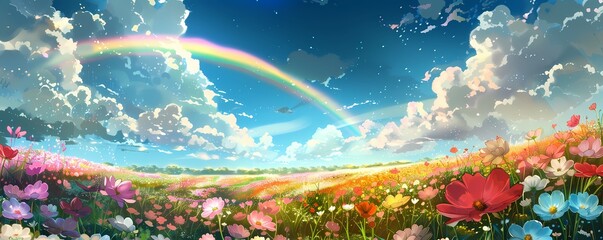 Rainbow Over a Field of Blooming Flowers with Clouds