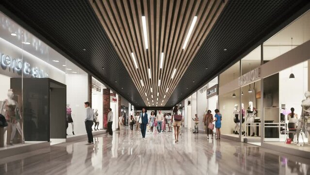 People shopping in a large mall. Walking people in the shopping mall center. 3d animation