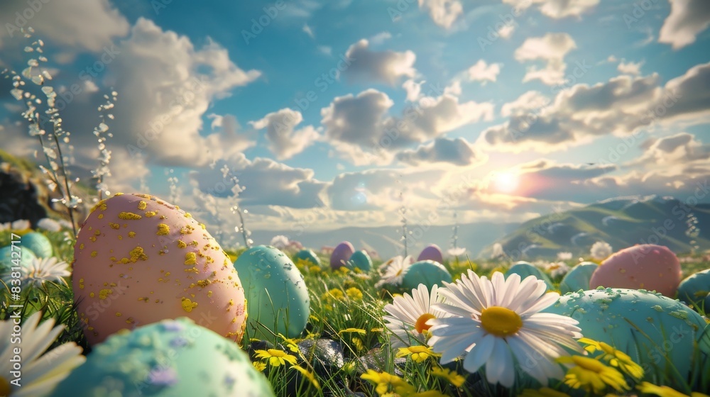 Wall mural Stunning 3D scene of colorful eggs and daisy flowers on a meadow under a beautiful sky.