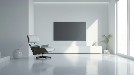 In an empty white room, there is a television cabinet and a chair for placing things.