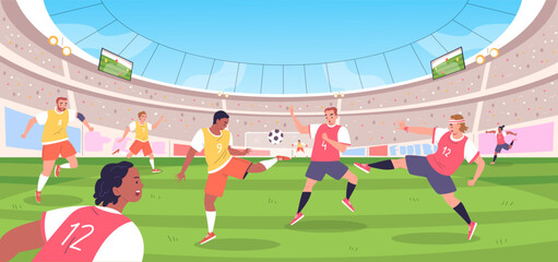 Soccer players in stadium. Football player team attack or defense game on field, dynamic gaming sport match world cup contest, footballer kick goal ball classy vector illustration