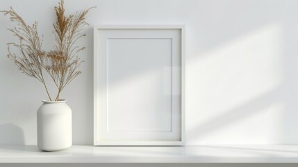 A horizontal picture frame mockup on an empty white shelf.