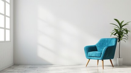 Mockup of a warm wall and a blue armchair against a white wall background in warm tones.