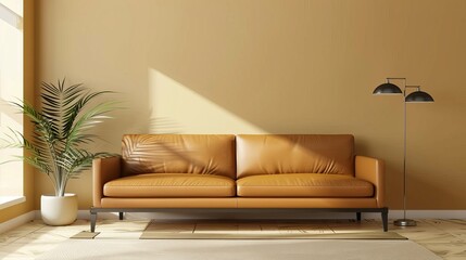 A modern living room decorated with a leather sofa and a warm beige background.