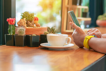 Business woman hands with smart phone and cup of coffee with beautiful cactus on table. Hands of...