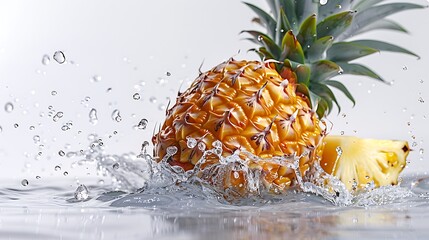 A juicy pineapple with water splashing around it on a clean white background