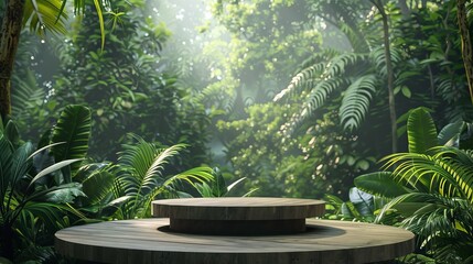 Presentation with a wooden podium in a lush tropical forest complemented by a vibrant green backdrop.