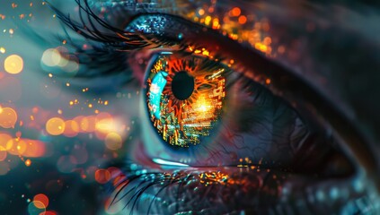 eye reflects digital technology and a futuristic cityscape, symbolizing AI's role in shaping urban life.