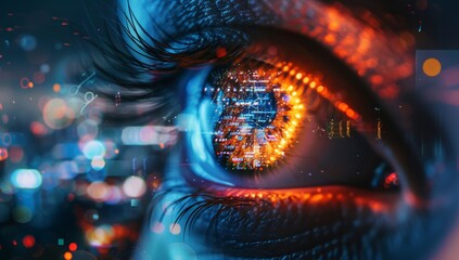 eye reflects digital technology and a futuristic cityscape, symbolizing AI's role in shaping urban life.