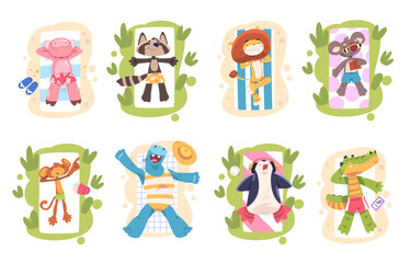 Animals sunbath. Funny animal in swimsuit sunbathers on blanket sun summer beach, fun resting relax vacation sunbathing cartoon cute kid characters set, classy vector illustration