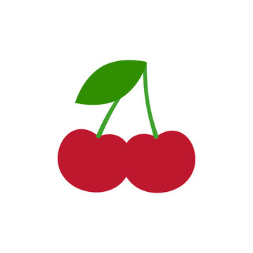 Two cherry together. A pair of large cherries with a leaf. Vector illustration on white background. 