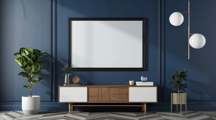 An empty dark blue wall background with a mockup frame on a cabinet in a living room interior.
