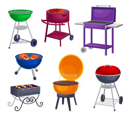 Barbecue grills equipment. Bbq brazier portable grilling for cook meat on burning coal smoke, outside grills outdoor garden picnic