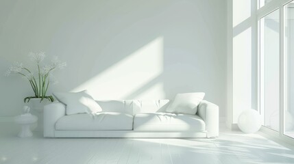 The living room of the white minimalist interior has a sofa and decorations.