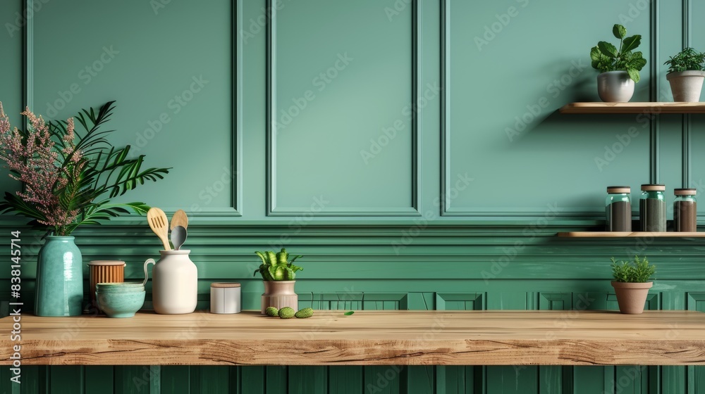 Wall mural A green wall panelling with a wooden shelf is seen in the kitchen.