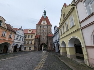 Domazlice historical city center and old town square with white tower,church and medieval gates,Chodsko region,Pilsen,Czech republic,panorama cityscape view