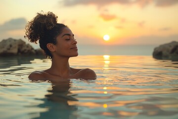 Fototapeta premium Woman Relaxing in Pool at Sunset.