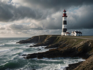 Scenic Lighthouse Coastal Cliff Panoramic Ocean Waves Maritime Navigation Tranquil Shoreline Rocky Landscape Sunlight Summertime Outdoors