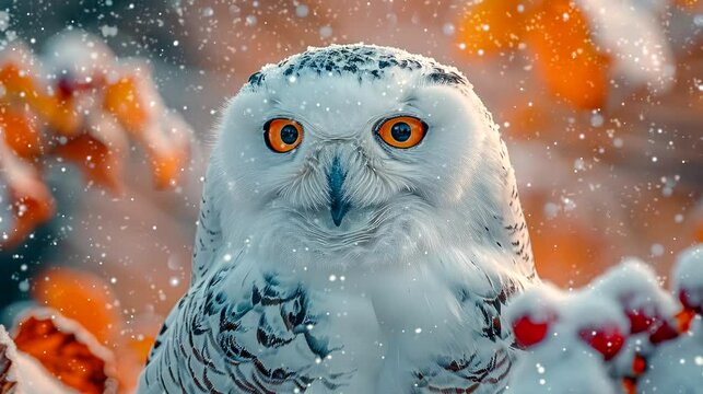 white owl  Christmas. Background in white snow with landscape home Christmas red and yellow tones. seamless looping time-lapse virtual 4k video animation