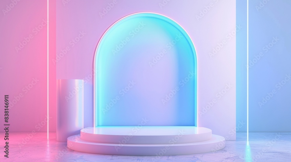 Sticker Stand with neon lights on pale blue and white background. 3D render