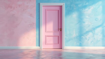 The creative pastel door is framed by a blue and pink wall in 3D.