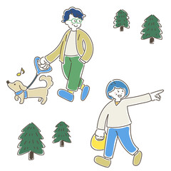 犬の散歩をする中高年の夫婦のゆるいイラスト