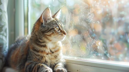 Tabby cat looking out a window on a sunny day.