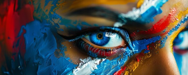 A close-up of a colorful eye with vibrant blue paint.