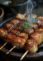 Mitarashi Dango - Skewered rice dumplings glazed with a sweet soy sauce. 